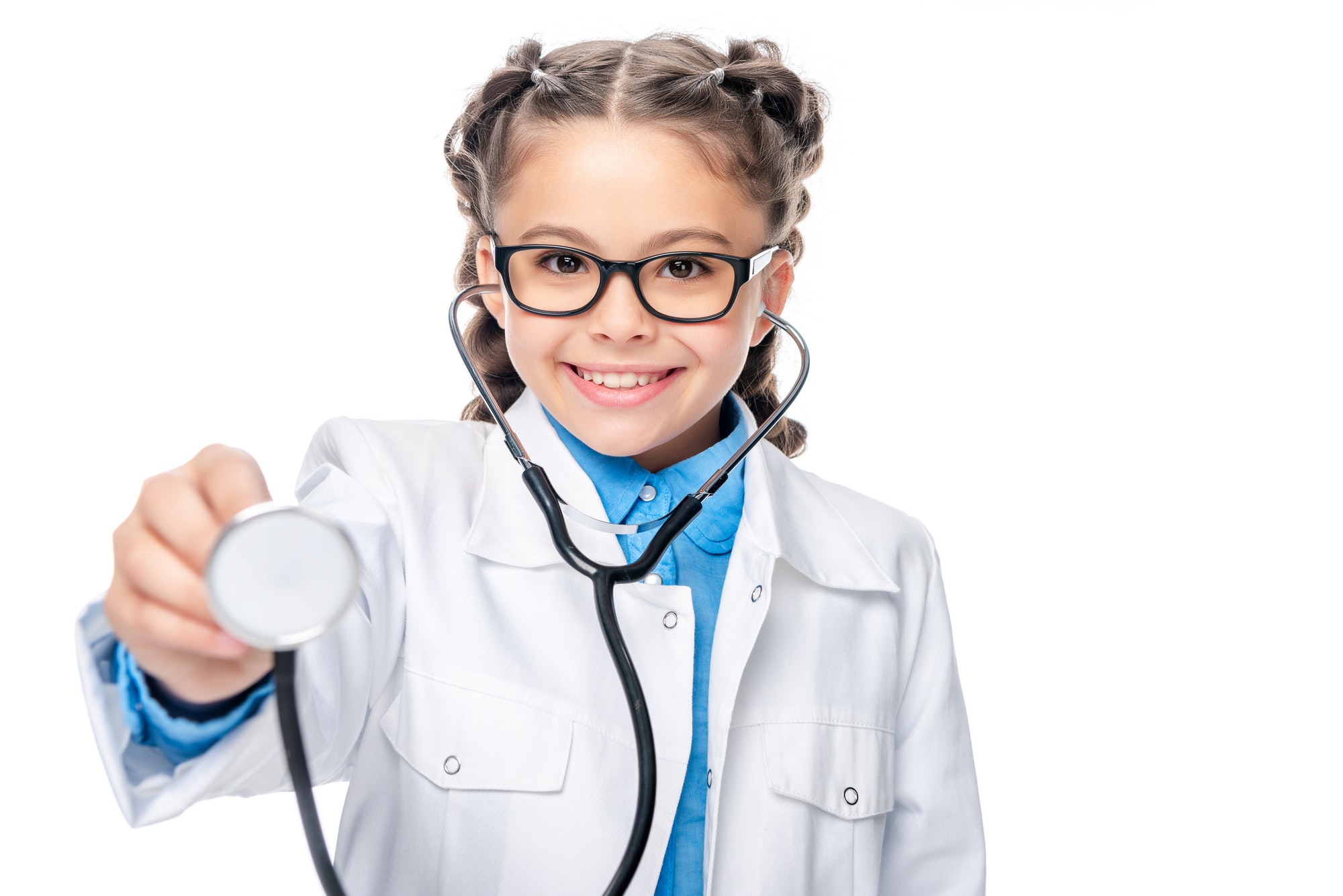 schoolchild in costume of doctor examining with stethoscope isolated on white